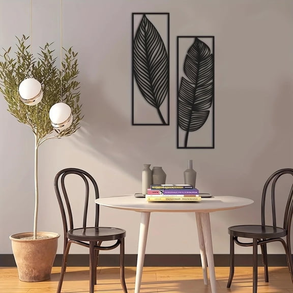 HELLOYOUNG 2pcs Black Metal Leaves Wall Art, Hanging Decorative Leaf Sculpture for Home Wall Decor Minimalist Line Art Rustic Natural Beauty