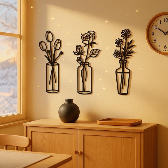 HELLOYOUNG 3-Piece Metal Flower Wall Art, Minimalist Iron Vase-Inspired Sculptures for Living Room Bedroom Bathroom, Elegant Botanical Wall Accents & Wall Sculpturesfloral Design Atmospher