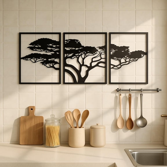 HELLOYOUNG 3-Piece Metal Wall Decor Tree Pine Set Art of Murals Black Boho Zen Home Accents for Living Room Bedroom Farmhouse Wall Art Hanging Decor