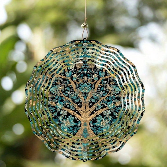 HELLOYOUNG 360-Degree Swivel Hook Metal Wind Chimes for Outdoor Blue Gold Tree Flower Design Garden Decor, Weather-Resistant Hanging Bell Ornament for Patio Yard Porch, Seasonal Gift