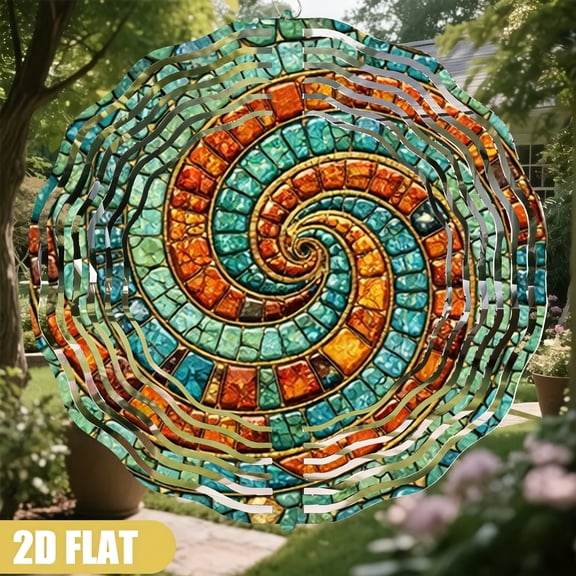 HELLOYOUNG 360 Rotating Mosaic Wind Spinner, Blue Green Orange Spiral Metal Garden Stake for Yard Patio Outdoor Decor