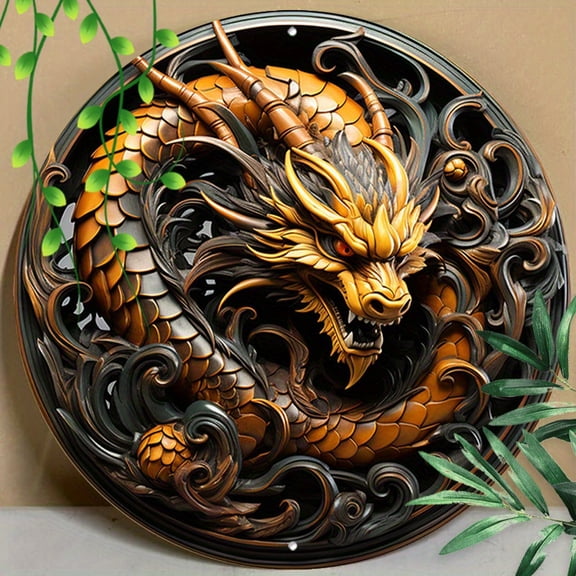 HELLOYOUNG 3D Aluminum Metal Sign Dragon Wall Art Round Home Decor Garage Man Cave Living Room Metal Sculpture