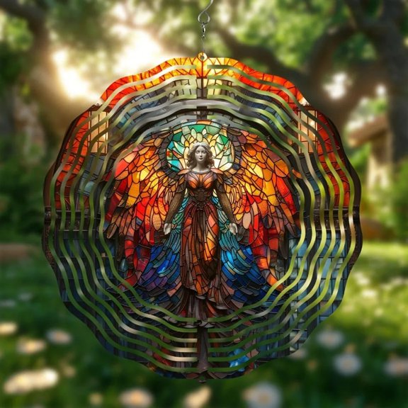 HELLOYOUNG 3D Angel Glass Wind Spinner, Heart Suncatcher Metal Wind Chimes, Christian Love Garden Decor for Outdoor Patio
