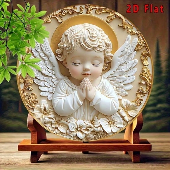 HELLOYOUNG 3D Angel Metal Wall Art, 8 Inch Christian Religious Sign for Home Bedroom Living Room, Rustic Round Hanging Decor