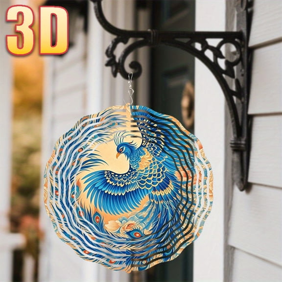 HELLOYOUNG 3D Blue Phoenix Rotating Wind Chime, 10in Metal Hanging Garden Decor, 360 Spiral Mobile Art for Outdoor Patio Yard Ornament
