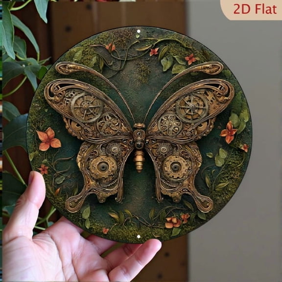 HELLOYOUNG 3D Butterfly Wall Art Round Steampunk Decor, Aluminum Mechanical Flower Design Metal Wall Sculpture for Living Room Home Beach House