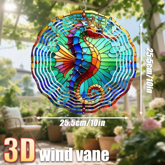 HELLOYOUNG 3D Colored Glass Seahorse Weather Vane Wind Spinner - 10" Round Iron Outdoor Decor, 360 Swivel Hook, No Electricity Needed, Colorful Wind Chime for Garden, Patio, Wedding, Party, Festival