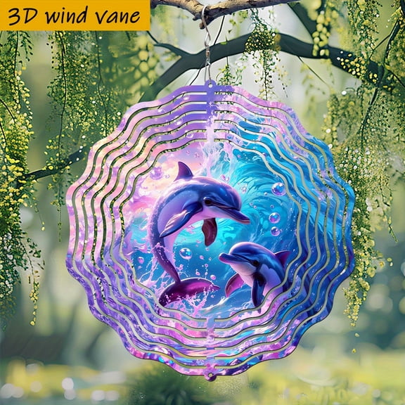 HELLOYOUNG 3D Dolphin Wind Chime, 360 Rotating Metal Wind Spinner, Ocean Wave Design Outdoor Garden Decor, Battery-Free Moving Sculpture for Patio Yard, Unique Valentine's Day Gift Idea