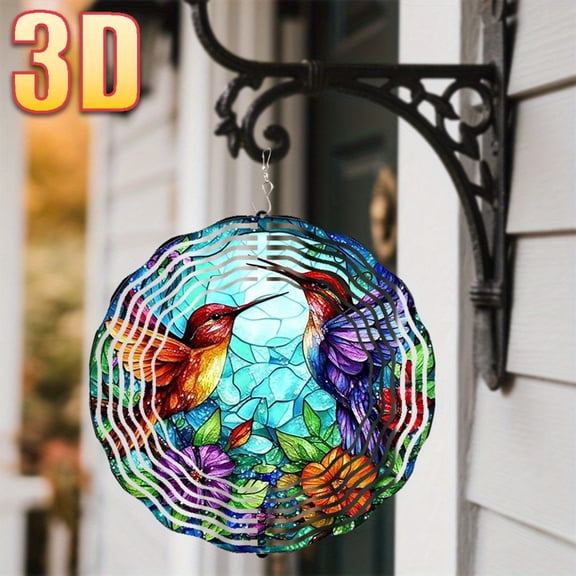 HELLOYOUNG 3D Hummingbird Wind Chime, 10 Inch 360 Rotating Hook DIY Wind Spinner for Garden Decor, Colorful Two Flying Birds Hanging Ornament for Balcony Spring Summer