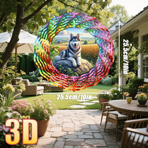 HELLOYOUNG 3D Husky Wind Chime, Metal Outdoor Garden Art, 360 Rotating Spiral Rainbow Border, Durable Iron Sculpture, Creative DIY Christmas Ornament, Valentine Home Decor Gift