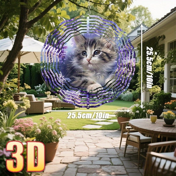 HELLOYOUNG 3D Kitten Wind Spinner 360 Rotating Hanging Decor, Purple Flowers Fluffy Cat Metal Wind Chime, Creative DIY Wind Melody Tree Ornament, All-Season Garden Gift for Home Patio
