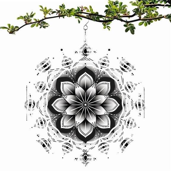 HELLOYOUNG 3D Mandala Flower Metal Wind Chime, Outdoor Garden Hanging Cyclone Decor with 360 Rotating Hook, Kinetic Art Spinner for Patio Yard