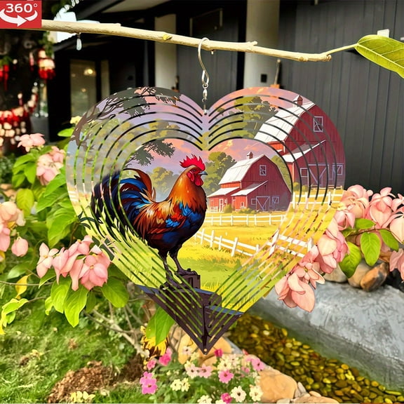 HELLOYOUNG 3D Metal Wind Spinner 360 Rotating Hanging Wind Chimes, Heart-Shaped Farm Rooster Garden Decor for Outdoor Balcony, Yard Art Ornament Bird Repeller, Holiday Halloween Christmas Gift
