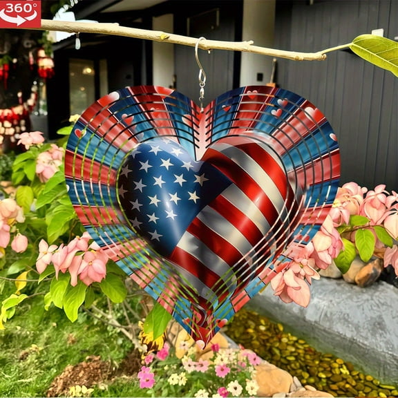 HELLOYOUNG 3D Metal Wind Spinner American Flag Hanging Wind Chime 360 Rotating Outdoor Garden Decor Patriotic Art Decoration for Birds Repelling Unique Balcony Courtyard Pendant for Halloween Christ