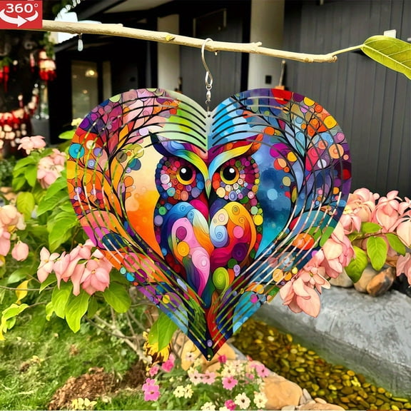 HELLOYOUNG 3D Metal Wind Spinner, Heart Owl Wind Chime for Outdoor, 360 Rotating Garden Stake Decor, Unique Patio Hanging Ornament, Thanksgiving Christmas Halloween Gift, No Battery Needed