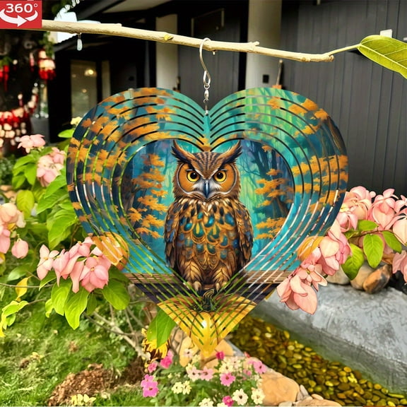 HELLOYOUNG 3D Metal Wind Spinner Heart-Shaped Hanging Wind Chimes 360 Rotation Owl Autumn Forest Art Decor for Balcony Garden Patio Halloween Christmas Gift