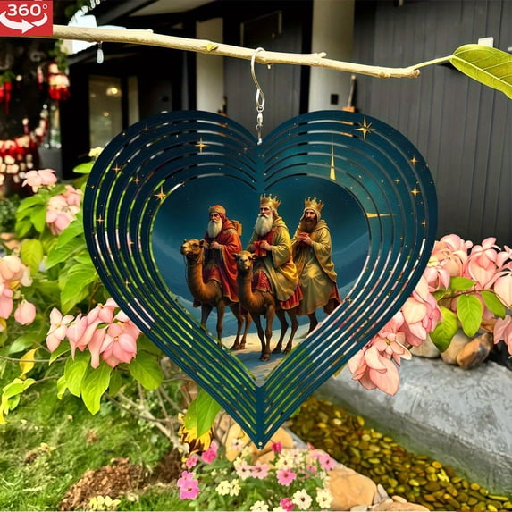 HELLOYOUNG 3D Metal Wind Spinner Outdoor, Heart Wind Chime Hanging Decorations with 3 Wise Men Riding Camels Art, 360° Rotating Garden Ornament for Balcony Patio Yard, Holiday Halloween Christmas Gif