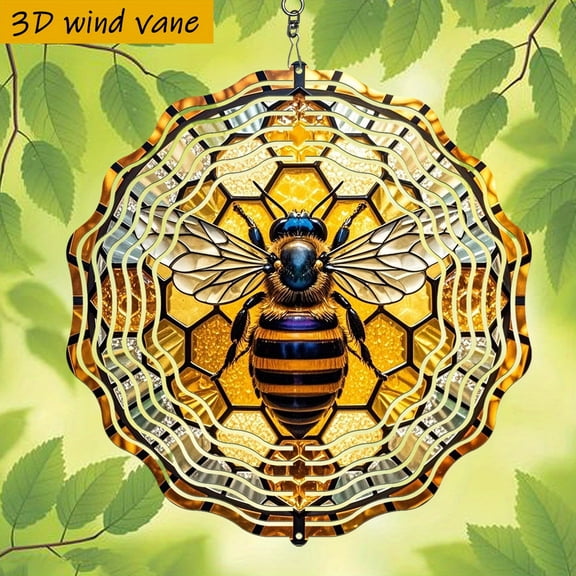 HELLOYOUNG 3D Mosaic Bee Wind Chime, 10 Inch Iron Honeycomb & Bees Design, 360 Rotating Outdoor Indoor Garden Decor, for Christmas Wedding Party