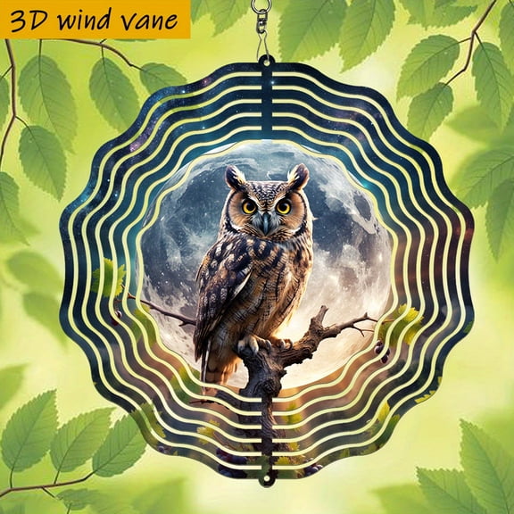 HELLOYOUNG 3D Owl in Moonlight Wind Chime, 360 Rotating Double-Sided Iron Hanging Decor, Garden Patio, 10 Inch Night Sky Foliage Design Outdoor Christmas Wedding Gift