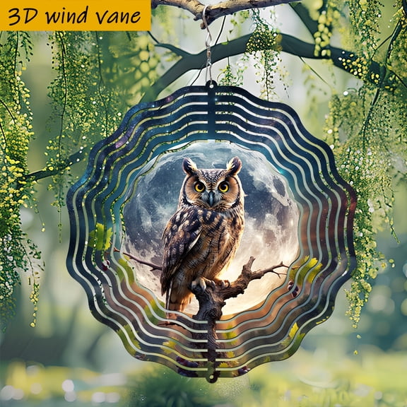 HELLOYOUNG 3D Owl in Moonlight Wind Chime, 360 Rotating Double-Sided Iron Hanging Decor Soothing Sound, 10 Inch Night Sky Foliage Design for Indoor Outdoor Garden Christmas Wedding, No Battery DIY-F