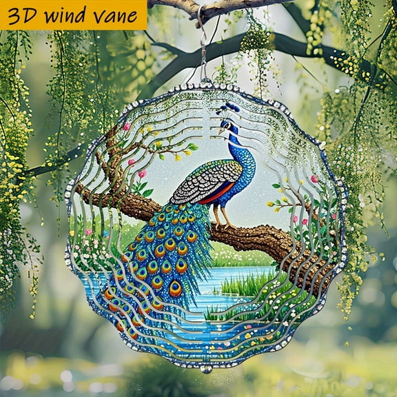HELLOYOUNG 3D Peacock Metal Wind Spinner, 10 Inch Round Iron Windmill with Rotating Hook, 360 DIY Creative Wind Chimes, No Battery Needed, Blue-Green Design for Indoor/Outdoor Garden Wedding Party F