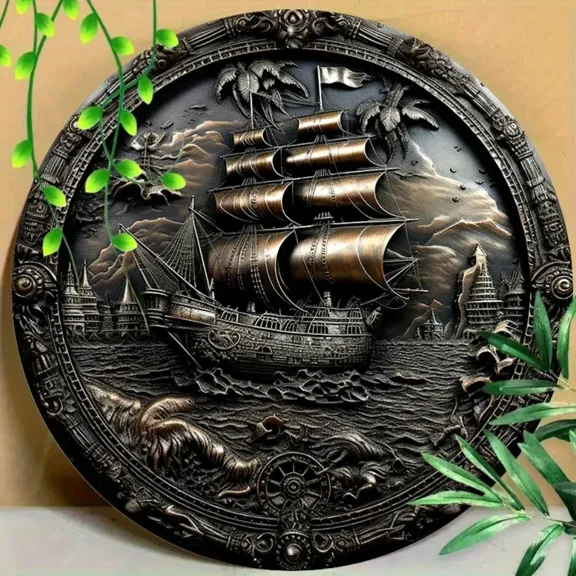 HELLOYOUNG 3D Pirate Ship Round Metal Wall Art, Aluminum Nautical Relief Sculpture for Home Office Decor, Rustproof Hanging Sign