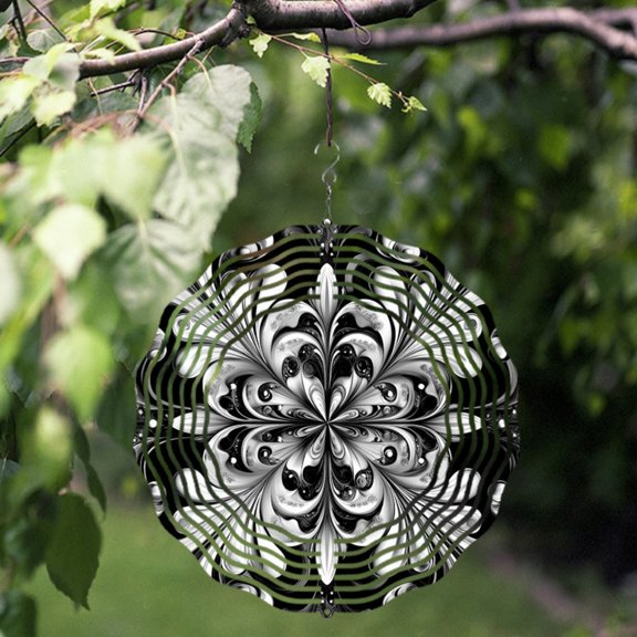 HELLOYOUNG 3D Rotating Wind Chimes Metal Outdoor Garden Decor, Colorful Vortex Art for Patio Yard Window, Black White Kinetic Spinner