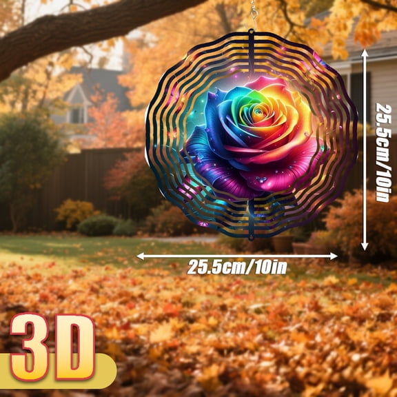 HELLOYOUNG 3D Wind Chimes for Outside Garden Decor, 10 Inch Rotating Rainbow Rose Butterfly Wind Spinner, 360 Degree Colorful Metal Hanging Decorations for Garden Patio Wedding Party Festival All Sea