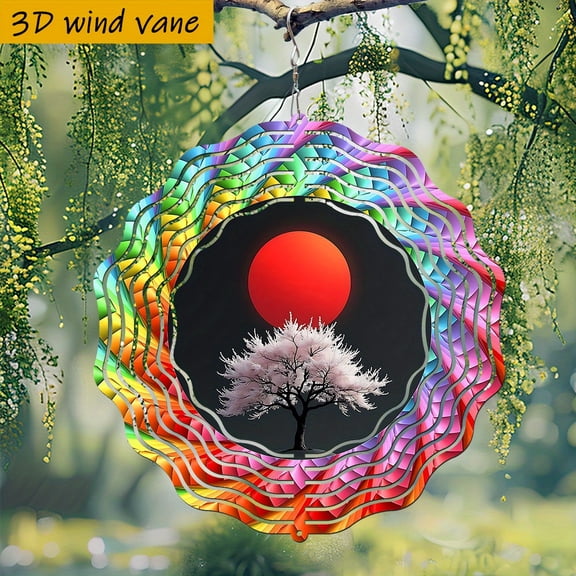 HELLOYOUNG 3D Wind Gyro Chime Cherry Blossom Tree Rainbow Sun Catcher, 360 Rotating Spinning Ornament for Patio Garden Porch, Colorful Kinetic Art Decor