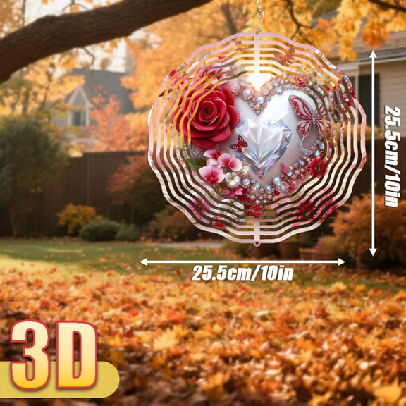 HELLOYOUNG 3D Wind Spinner Decor Heart Wall Art Floral Design Rotating 360 Windmill for Garden Patio Terrace Outdoor 10 Inch Hanging Metal Wind Chime Decoration Gift
