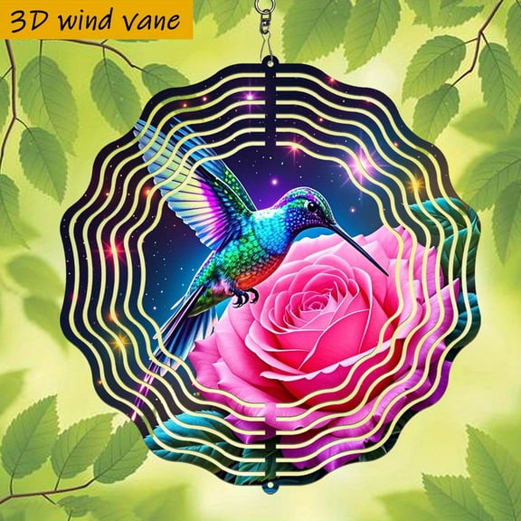 HELLOYOUNG 3D Wind Spinner Garden Decor, Rainbow Hummingbird on Glow Rose Night Sky Metal Art, 10 Inch 360 Degree Rotating Wind Vane Weatherproof for Outdoor Party Patio Christmas Halloween Gift
