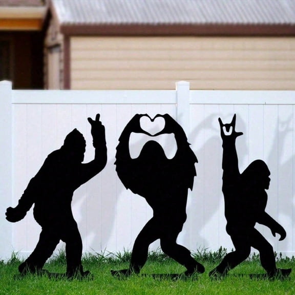 HELLOYOUNG 3PCS Metal Bigfoot Garden Stakes, Whimsical Sasquatch Yard Art with Peace Sign Heart Hands Rock on Gestures, Outdoor Metal Wall Art Decor for Fence Patio Lawn