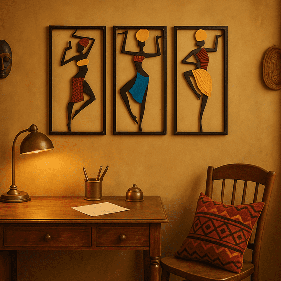HELLOYOUNG 3pcs 17.7in African Girl Dancing Wall Decor, Ethnic Style Black Girl Mural Art for Bedroom Living Room, Hanging Ornament for Halloween Christmas New Year Gift