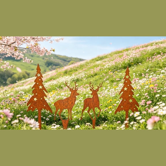 HELLOYOUNG 4-Piece Antique Metal Deer Tree Sculpture Set, Rustic Vintage Lawn Patio Statues, Indoor Outdoor Yard Art Farmhouse Decor, Garden Gift for Home