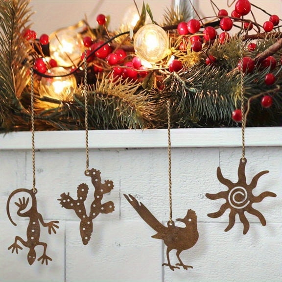 HELLOYOUNG 4-Piece Rustic Metal Christmas Ornaments - Desert-Themed Country Decor Set | No-Power Handcrafted Hanging Decor | Perfect for Holiday Home & Party Hanging Ornaments