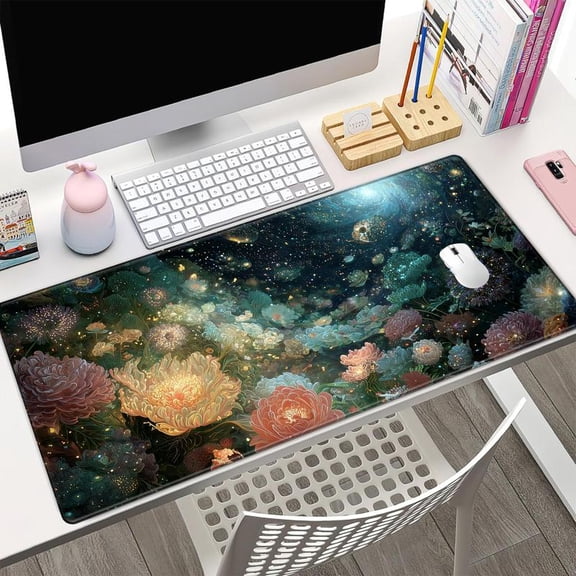 HELLOYOUNG 40x90cm Cosmic Garden Mouse Pad, Dreamy Fluorescent Glowing Flower Starry Sky Design Mousepad Non-Slip Rubber Base, Washable & Durable for Gaming Office Home Desk, Unique Christmas Gift