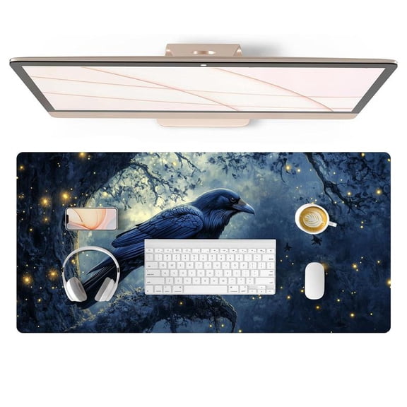 HELLOYOUNG 40x90cm Crow Pattern Mouse Pad, Rectangular Gaming Mouse Mat, Extended Desk Keyboard Protector Pad, Waterproof & Stitched Edges, Home Office Computer Accessories, Halloween New Year Gift