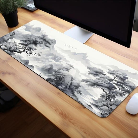 HELLOYOUNG 40x90cm Extra-Large Chinese Ink Landscape Mouse Pad, Non-Slip Rubber Base, Stitched Edges, 35x16 Inches for Office & Gaming Desk