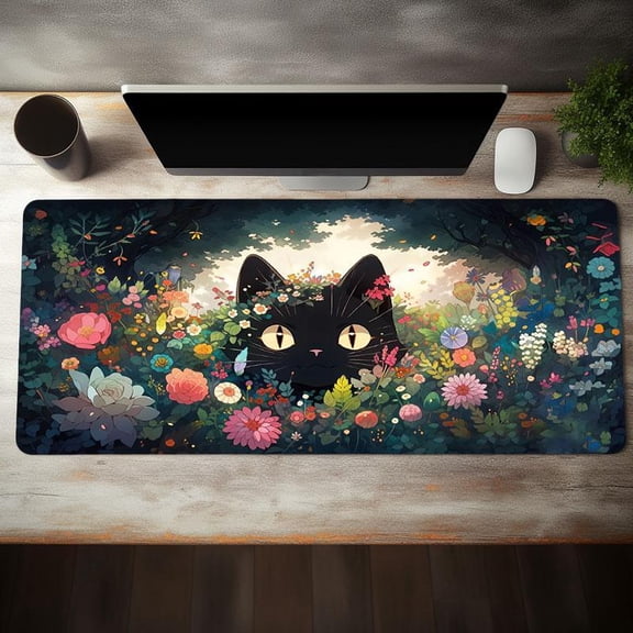 HELLOYOUNG 40x90cm Large Floral Black Cat Mouse Pad, Extended Gaming Mouse Mat for Computer Laptop, Waterproof Desk Pad for Home Office, Halloween Christmas Gift