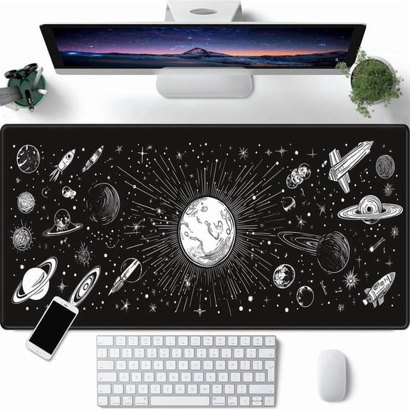 HELLOYOUNG 40x90cm Space Themed Large Gaming Mouse Pad, Extended Non-Slip Rubber Base Desk Pad, Water-Resistant Keyboard Mat for Laptop PC & Computer, Stitched Edges Office Desk Accessories