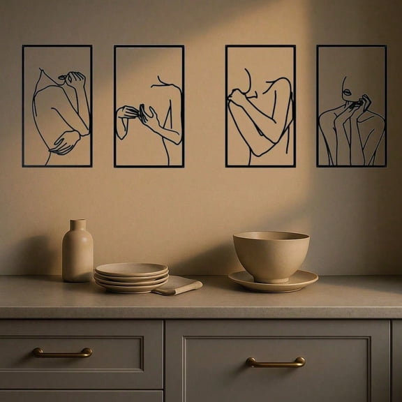 HELLOYOUNG 4PCS Black Minimalist Woman Line Art Wall Decor, Abstract Single Line Face Metal Wall Sculpture, Waterproof Art for Bedroom Bathroom Living Room Decor, Chic Modern Home Gift