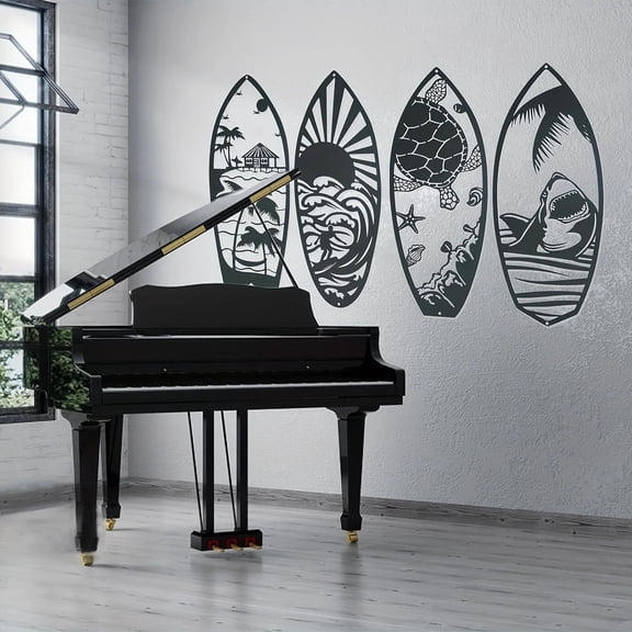 HELLOYOUNG 4Pcs Surfboard Metal Wall Art Marine Themed Iron Carving Murals Metal Wall Decals & Stickers Summer Ocean Surfing Hanging Decor for Indoor Outdoor