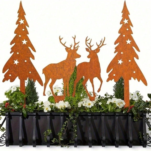 HELLOYOUNG 4pcs Vintage Iron Deer and Tree Sculptures - Rustic Garden Statues for Yard, Lawn, Patio, Outdoor Decor + Farmhouse Indoor Plant Accents