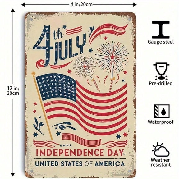 HELLOYOUNG 4th of July Metal Sign, Independence Day Wall Decor with American Flag and Fireworks, 8x12 Inch 2D Flat Tin Sign for Patriotic Home Office Party Celebration