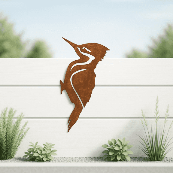 HELLOYOUNG 5.1 Inch  Rusty Metal Bird Art  Woodpecker & Robin Silhouettes Country Yard Decor for Garden Fences & Patios Outdoor Decorative Plaque Wooden Stakes