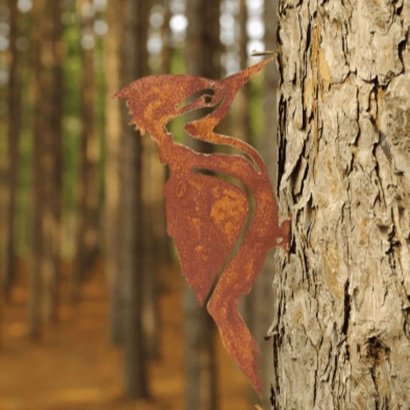 HELLOYOUNG 5.1 Inch Rusty Metal Bird Art Woodpecker & Robin Silhouettes Country Yard Decor for Garden Fences & Patios Outdoor Decorative Plaque Wooden Stakes