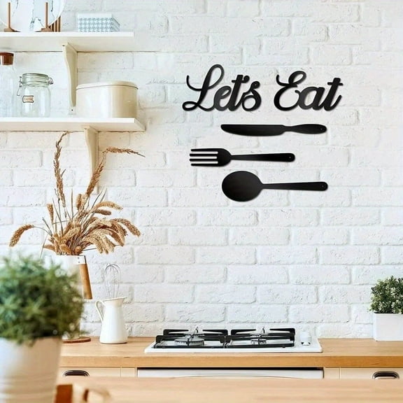 HELLOYOUNG  5pcs Iron Wall Art Set 5pc Let's Eat Rustic Metal Sign with Fork Spoon Knife Cutouts Kitchen Dining Room Decor Handcrafted Hanging Sculptures Holiday Gift