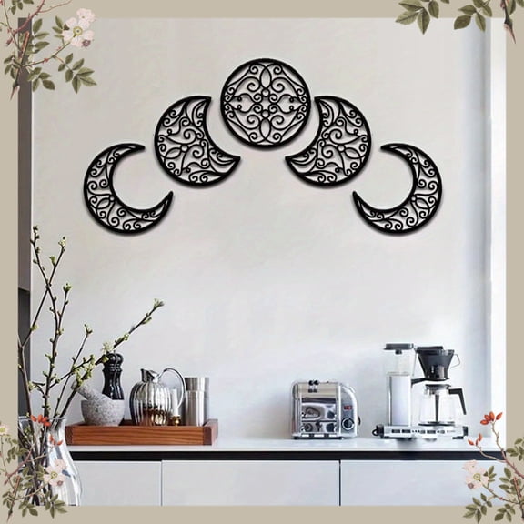 HELLOYOUNG 5pcs Moon Phase Wall Decor, Nordic Bohemian Black Iron Art, Nature-Inspired Metal Sculpture Set for Bedroom Living Room, Halloween Christmas New Year Gift