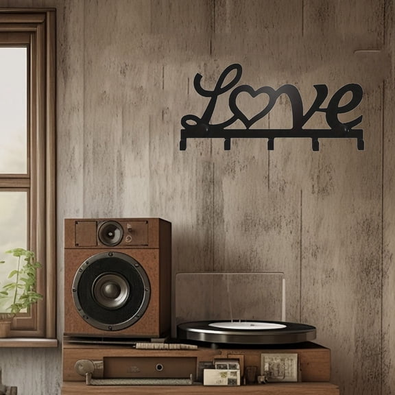 HELLOYOUNG 6.63 - Inch Light Luxury Black Iron LOVE Silhouette Hook Panel Iron Painting Metal Art Multi - Hook Storage Eco - Friendly Transform Living Room with Romantic Charm Hanging Organizer