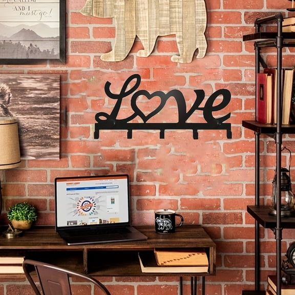 HELLOYOUNG 6.63- Inch Modern Simple Black Iron LOVE Silhouette Hooks Iron Painting Metal Art Multi - Hook Key/Coat Holder Centerpieces Eco - Friendly Perfect for Bedroom/Front Door
